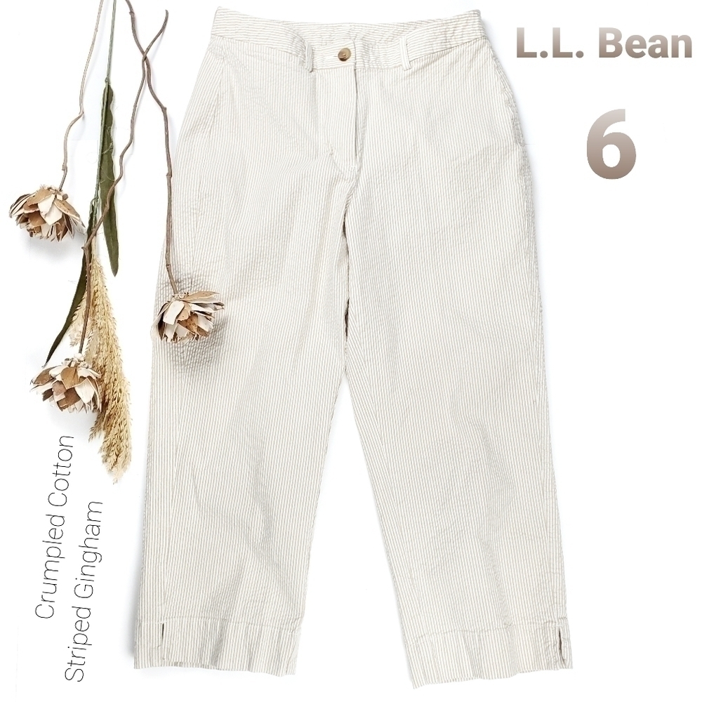 New L. L. Bean Cream White Gingham Stripe Capri 6